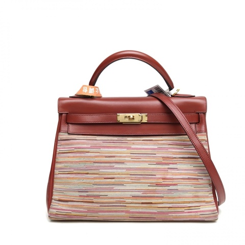 HERMES Kelly32愛馬仕紅Vibrato羊切皮框F金扣手提包