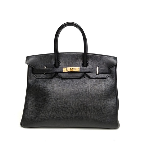 HERMES Birkin35黑色Buffalo阿登皮框A金扣手提包