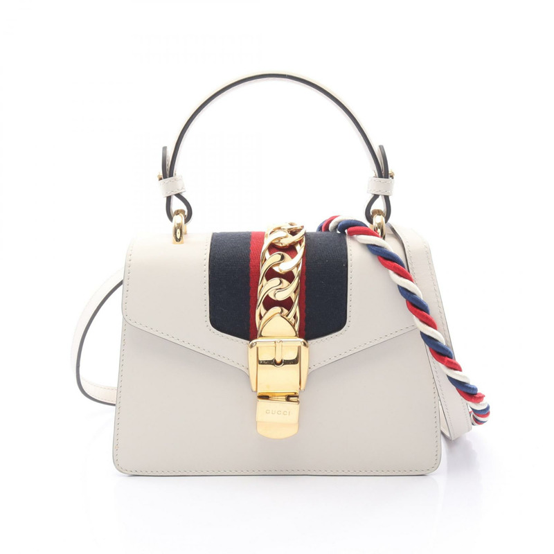 GUCCI Sylvie Sherry 系列 2WAY 手提包 470270 皮革 米色 海軍藍 紅色 二手 女士-0