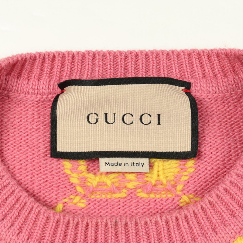 GUCCI GG提花短袖連身裙,羊毛材質,粉紅色/黃色,二手女款M碼-2