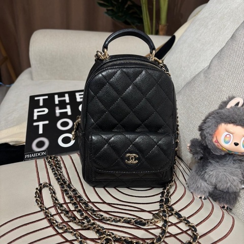 Chanel mini backpack 黑色荔枝牛皮淡金扣迷你背囊24C