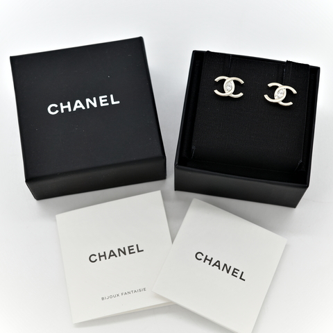 Chanel香奈兒 CC Logo 淡金色 鑽石 耳釘 耳環