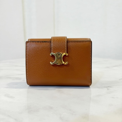 Celine 咖牛皮金釦三折短夾