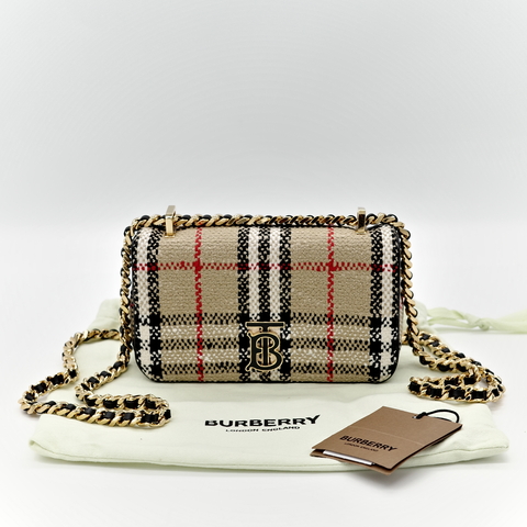 BURBERRY Lola TB LOGO mini 拼色格紋毛呢包 鍊條 斜背包