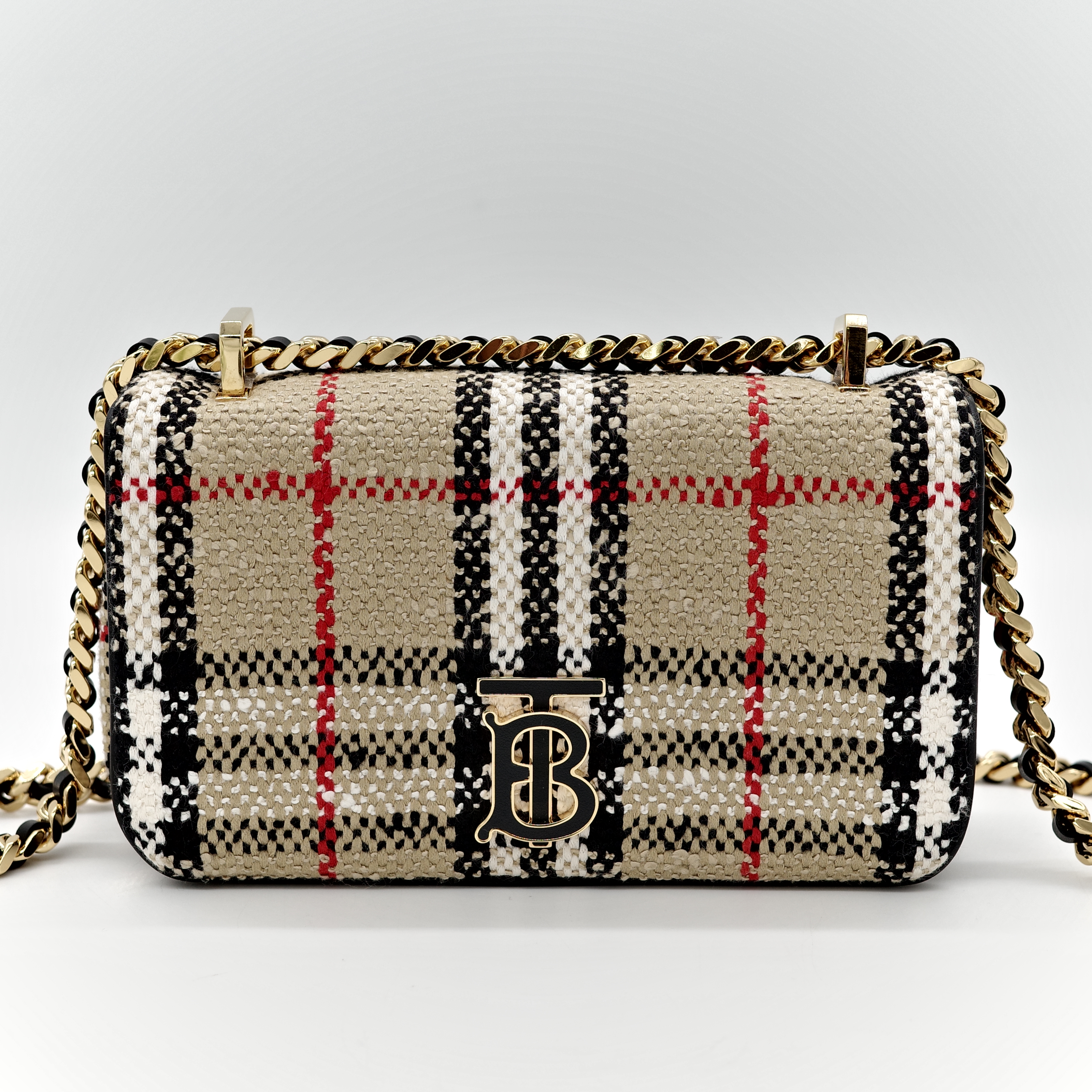 BURBERRY Lola TB LOGO mini 拼色格紋毛呢包 鍊條 斜背包-1