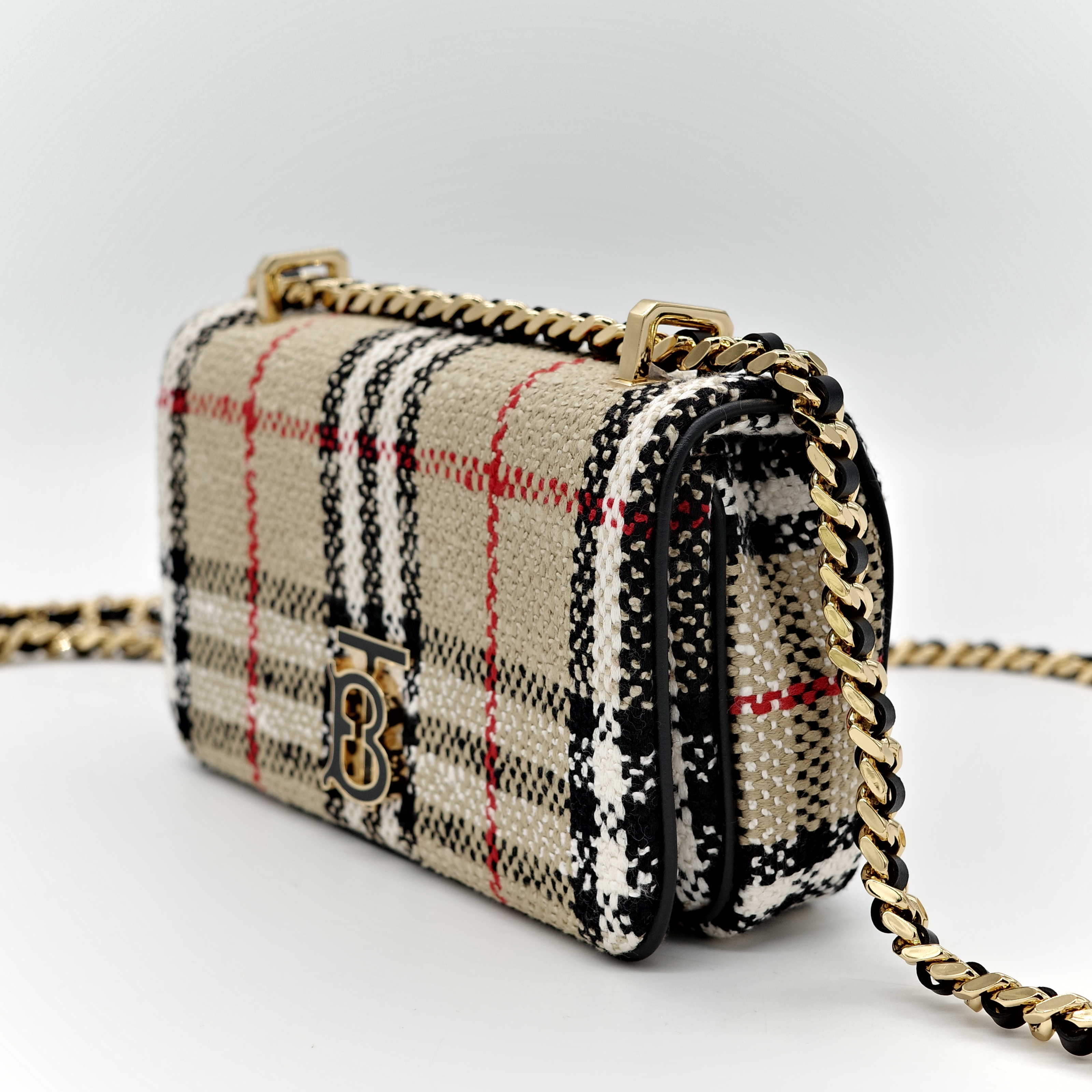 BURBERRY Lola TB LOGO mini 拼色格紋毛呢包 鍊條 斜背包-3