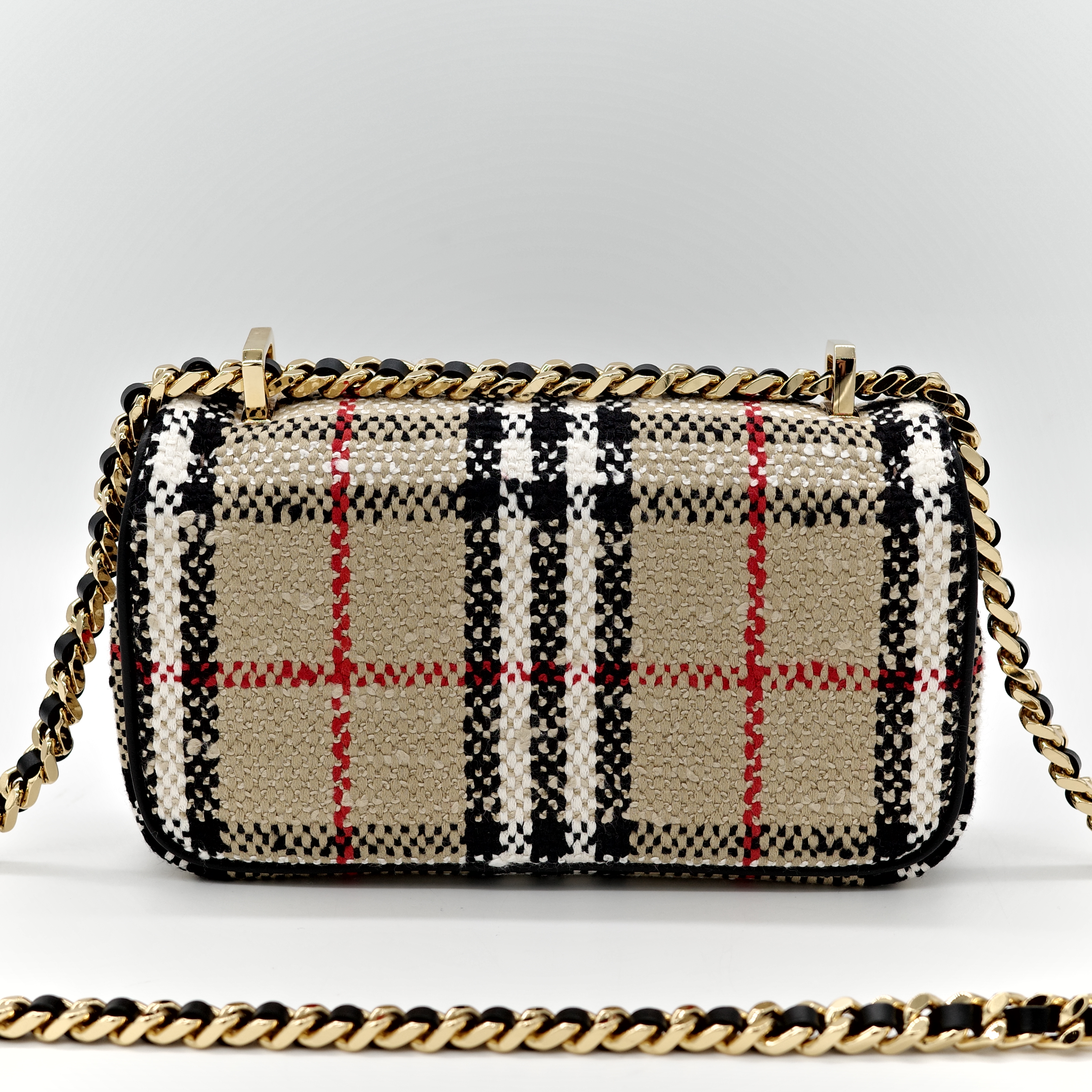 BURBERRY Lola TB LOGO mini 拼色格紋毛呢包 鍊條 斜背包-4
