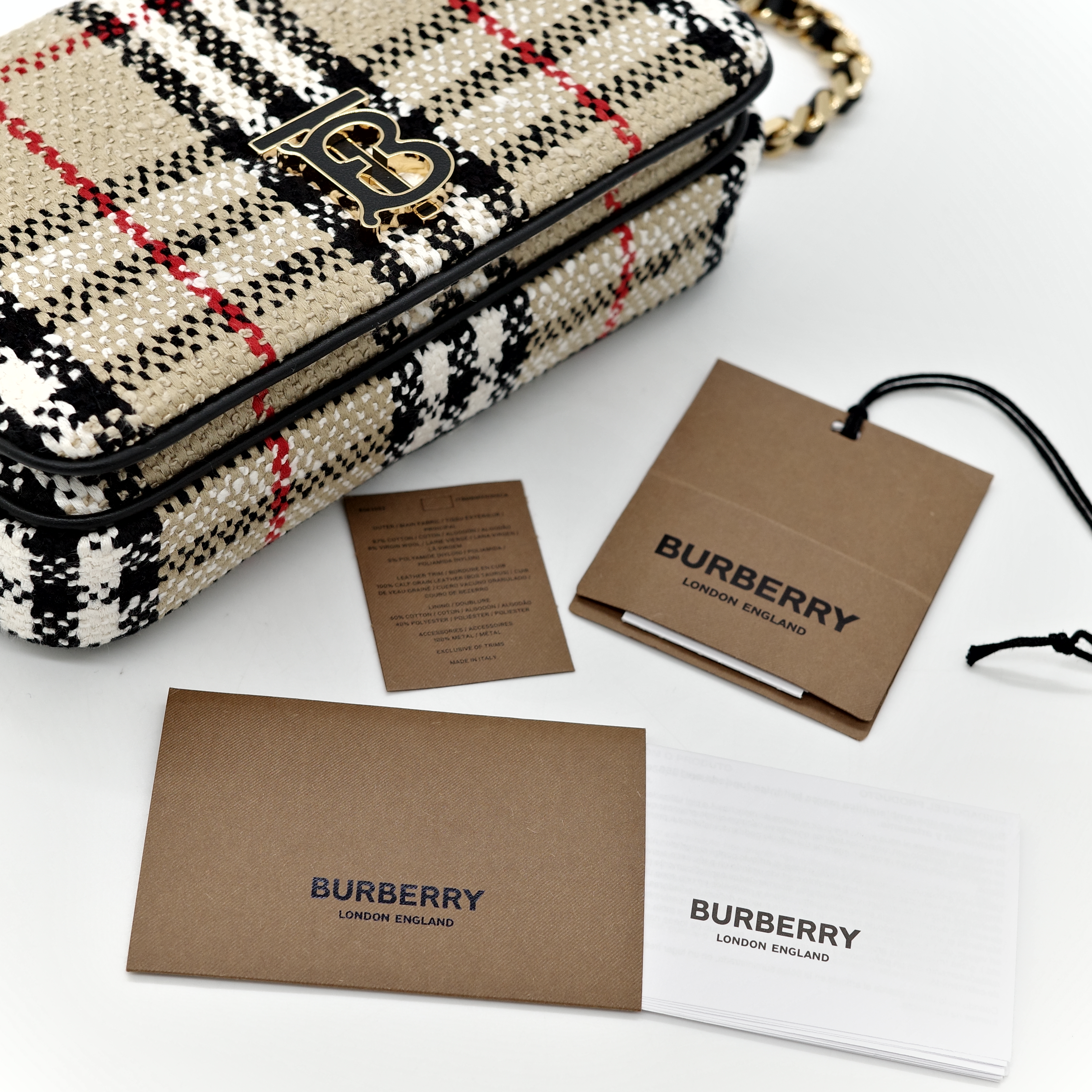 BURBERRY Lola TB LOGO mini 拼色格紋毛呢包 鍊條 斜背包-14