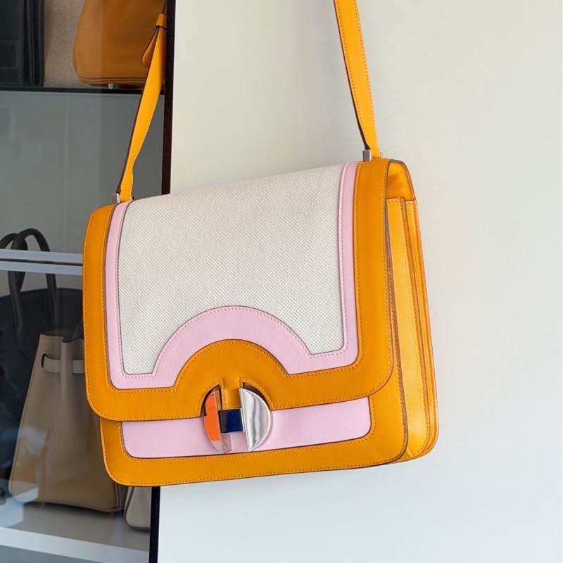 Hermès 愛馬仕肩背斜挎包 帆布拼皮 9D琥珀黃拼3Q櫻花粉 銀扣 C刻-3