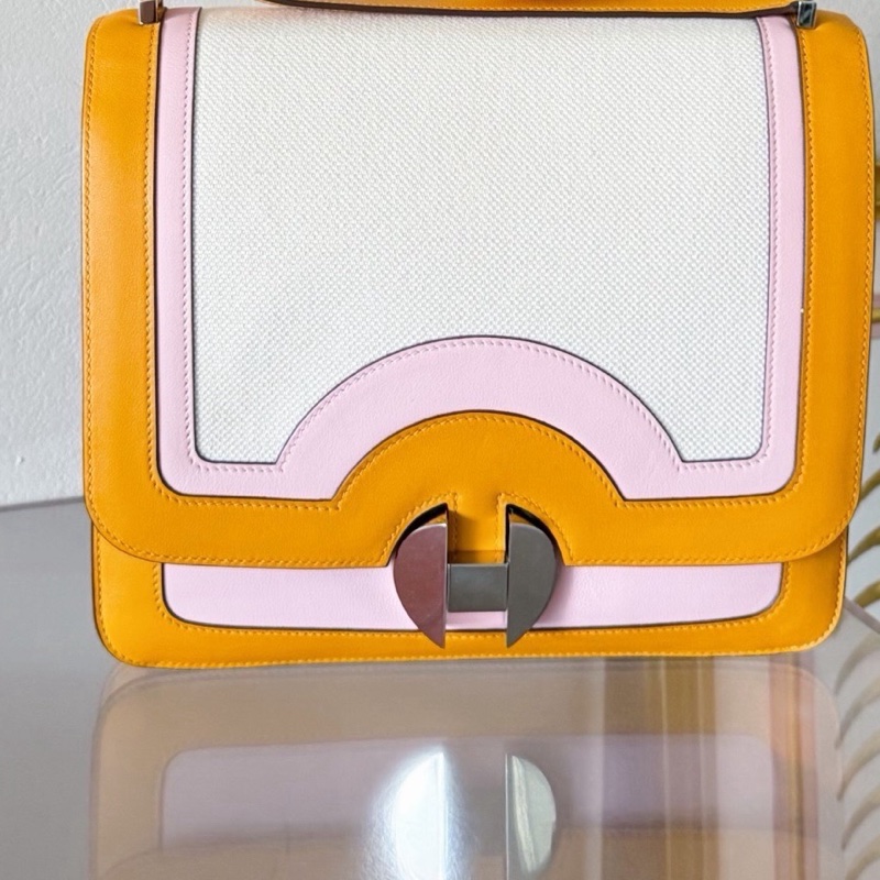 Hermès 愛馬仕肩背斜挎包 帆布拼皮 9D琥珀黃拼3Q櫻花粉 銀扣 C刻-5
