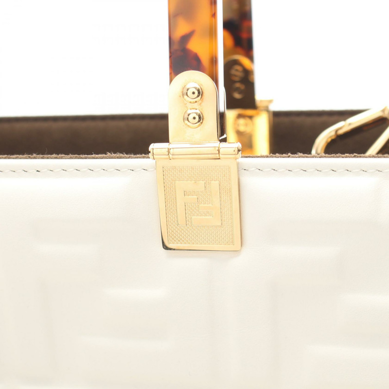 FENDI SUNSHINE 中型 FF 壓花兩用手提包 8BH386 白色皮革 二手 女士-5