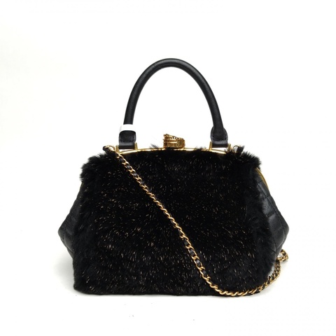CHANEL 黑色牛皮23開金扣兔毛鏈條手提包