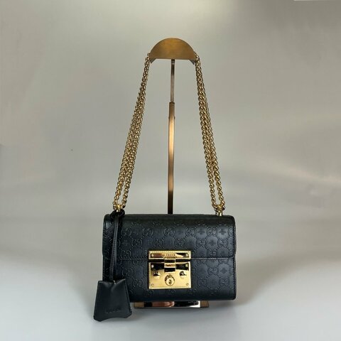 全新品 GUCCI 409487.黑皮革PADLOCK 鏈條包