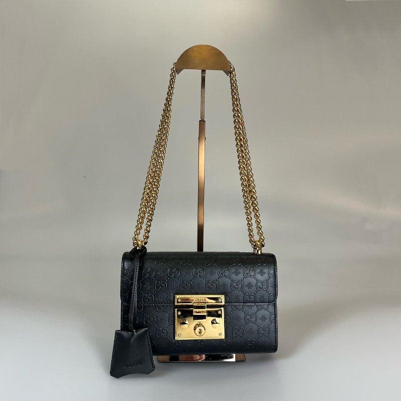 全新品 GUCCI 409487.黑皮革PADLOCK 鏈條包-0