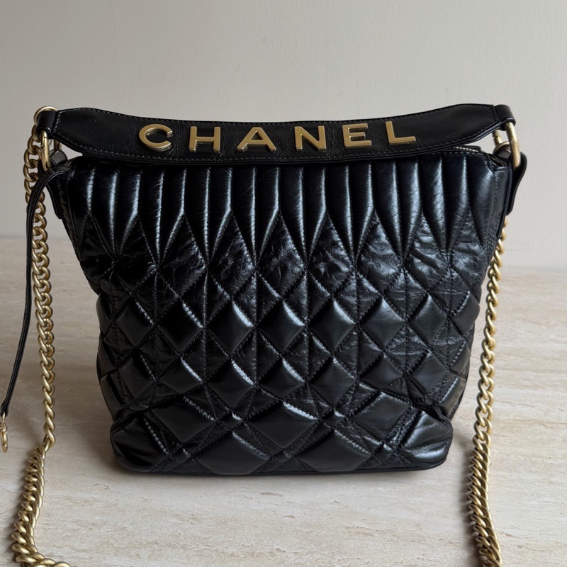 Chanel香奈兒黑色牛皮菱格鏈條包+28開 底長29cm-0