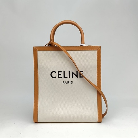 CELINE Cabas豎款手袋小號金棕色帆布肩背包