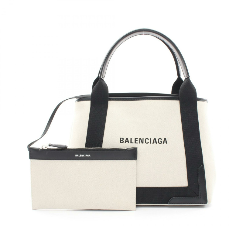 BALENCIAGA 海軍藍 CABAS S 手提包 339933 帆布皮革 白色 黑色 二手 女士-0