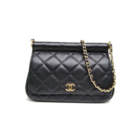 CHANEL 黑色荔枝牛皮金扣22K黑金貝殼包鏈條斜挎包