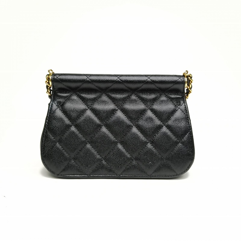 CHANEL 黑色荔枝牛皮金扣22K黑金貝殼包鏈條斜挎包-2