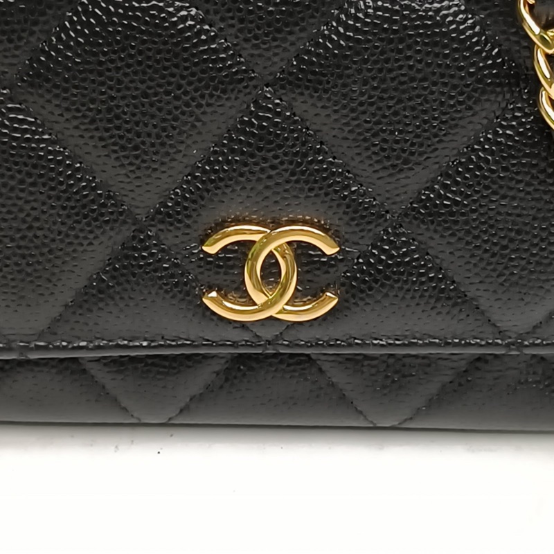 CHANEL 黑色荔枝牛皮金扣22K黑金貝殼包鏈條斜挎包-4