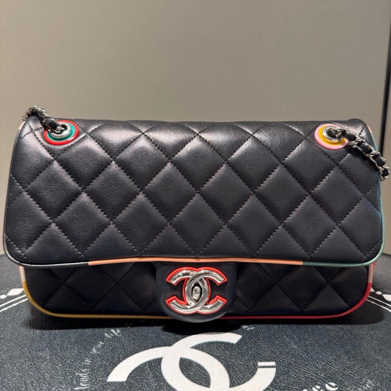CHANEL 香奈兒 Cuba Color 古巴系列 CF牛皮銀扣 拼色 單肩斜挎包-0