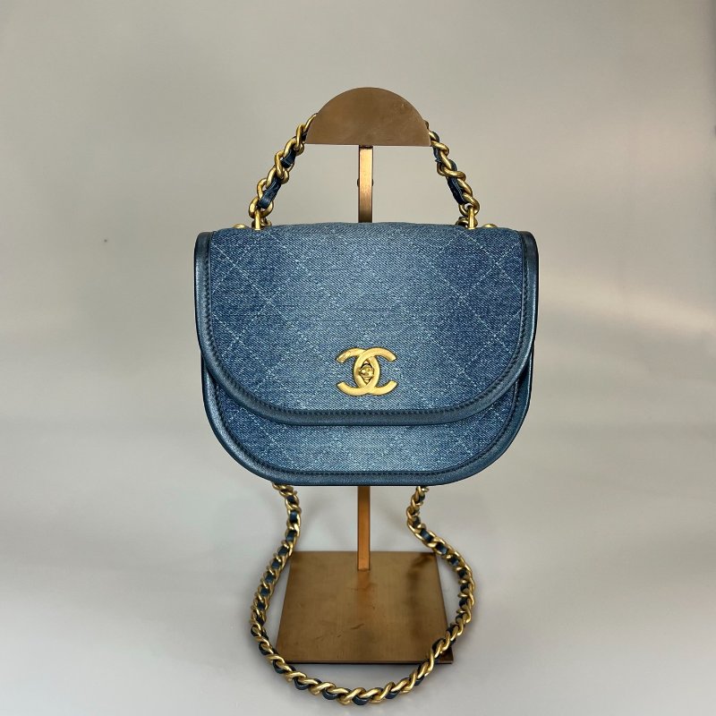 CHANEL季節款 帆布金釦馬鞍包 牛仔藍 AS4850/晶片款-0