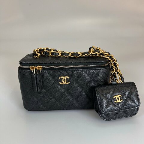 CHANEL 二合一長方形化妝包荔枝黑 AP3376/晶片款