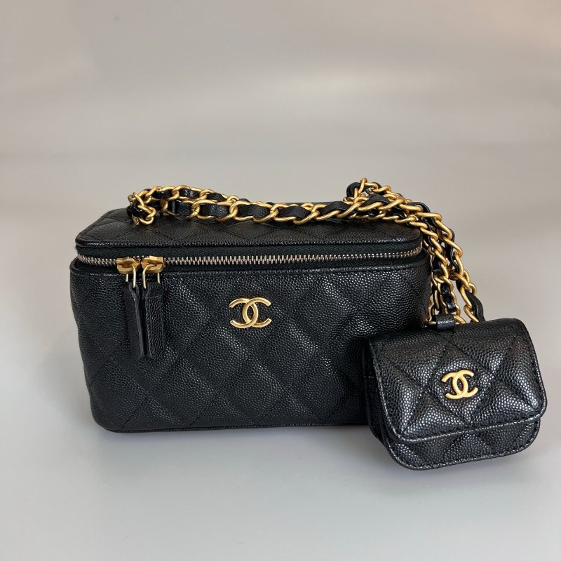 CHANEL 二合一長方形化妝包荔枝黑 AP3376/晶片款-0