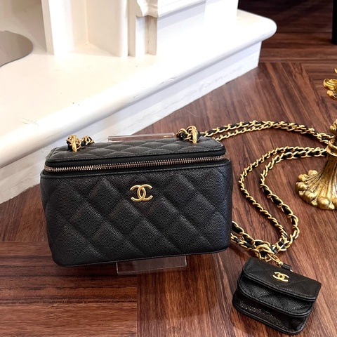 CHANEL 二合一長方形化妝包荔枝黑 AP3376/晶片款