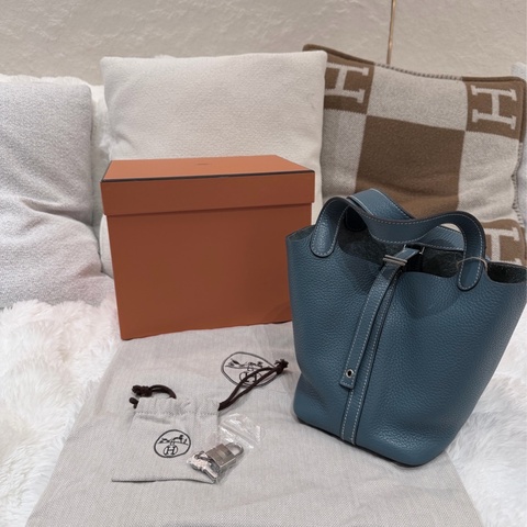 Hermes/ Picotin 18/ 框Q/ 牛仔藍銀扣/ TC