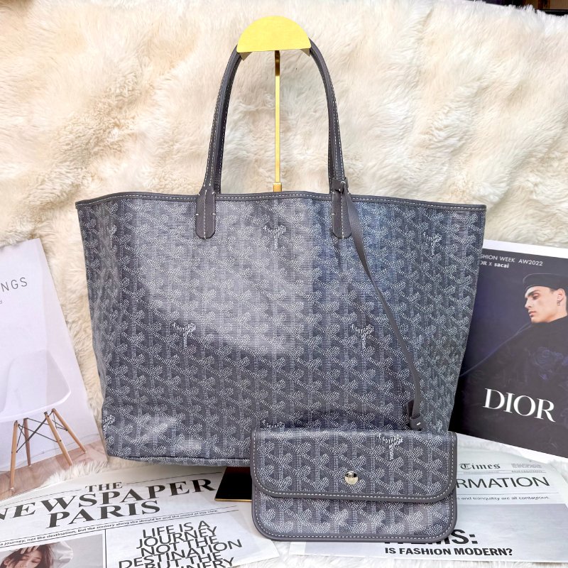 Goyard Saint Louis 托特包 灰色 老花 塗層帆布拼牛皮 小號 子母包-0