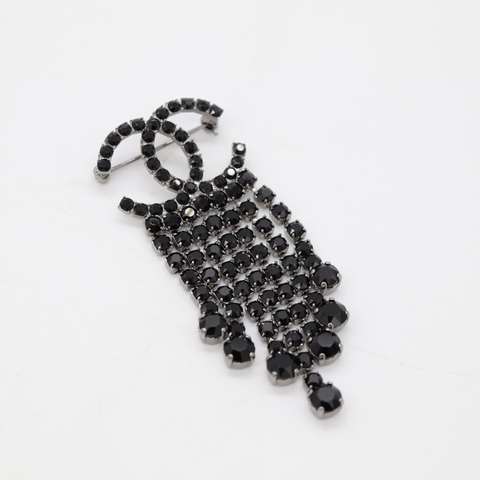 Chanel 香奈兒 雙C LOGO 黑色胸針 水鑽流蘇