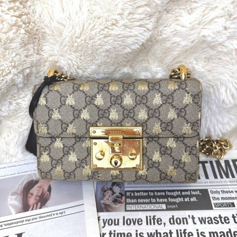 GUCCI Padlock 盒子包 烏木色拼金色 老花拼蜜蜂印花 塗層帆布 小號