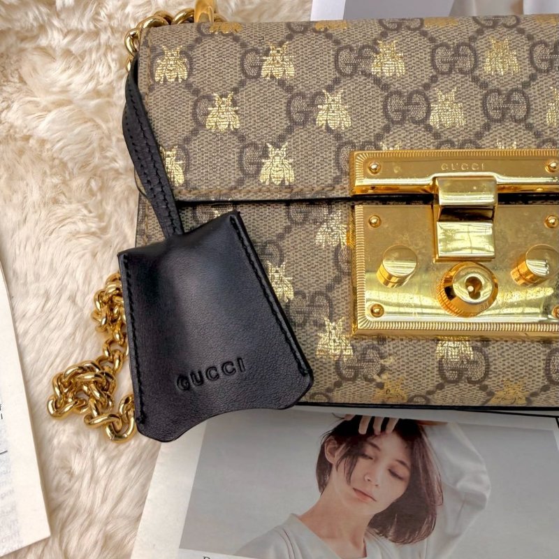 GUCCI Padlock 盒子包 烏木色拼金色 老花拼蜜蜂印花 塗層帆布 小號-4