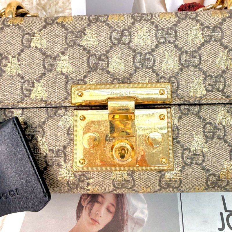 GUCCI Padlock 盒子包 烏木色拼金色 老花拼蜜蜂印花 塗層帆布 小號-5