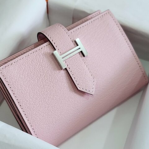 【全新全套】Hermes Bearn Mini 山羊皮 3Q 櫻花粉 銀扣 錢包短夾