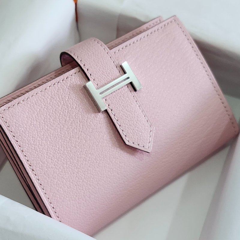 【全新全套】Hermes Bearn Mini 山羊皮 3Q 櫻花粉 銀扣 錢包短夾-0