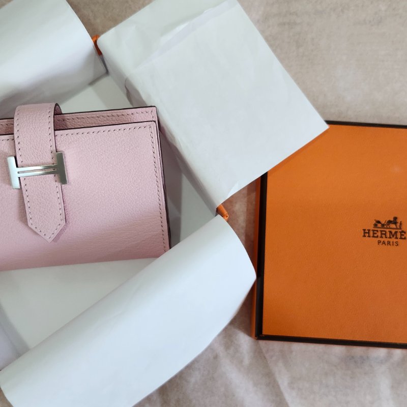 【全新全套】Hermes Bearn Mini 山羊皮 3Q 櫻花粉 銀扣 錢包短夾-1