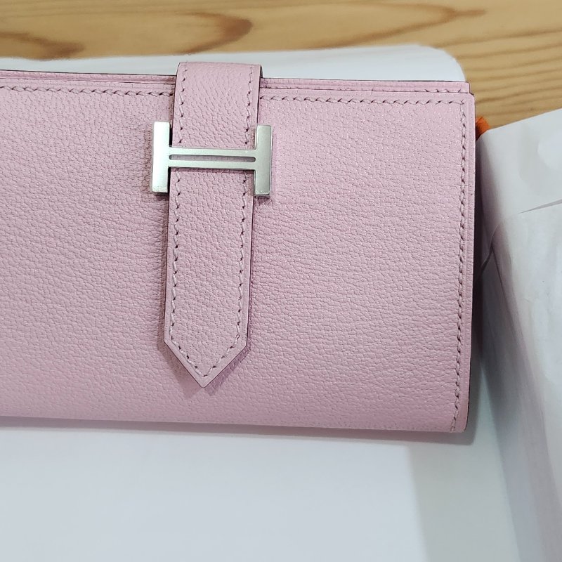 【全新全套】Hermes Bearn Mini 山羊皮 3Q 櫻花粉 銀扣 錢包短夾-5