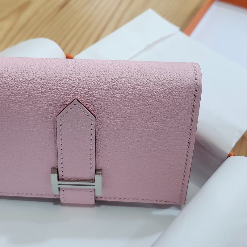 【全新全套】Hermes Bearn Mini 山羊皮 3Q 櫻花粉 銀扣 錢包短夾-6
