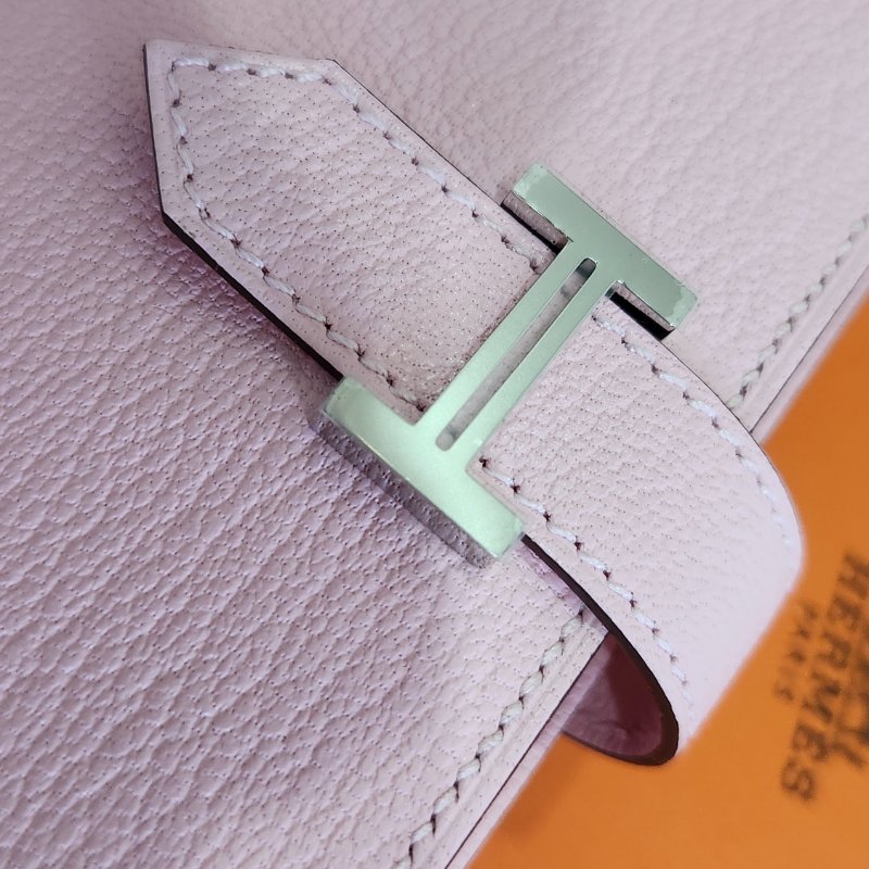 【全新全套】Hermes Bearn Mini 山羊皮 3Q 櫻花粉 銀扣 錢包短夾-23