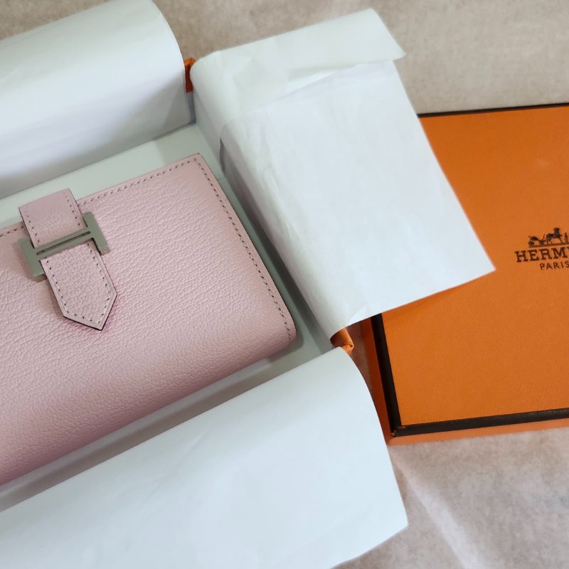 【全新全套】Hermes Bearn Mini 山羊皮 3Q 櫻花粉 銀扣 錢包短夾-25
