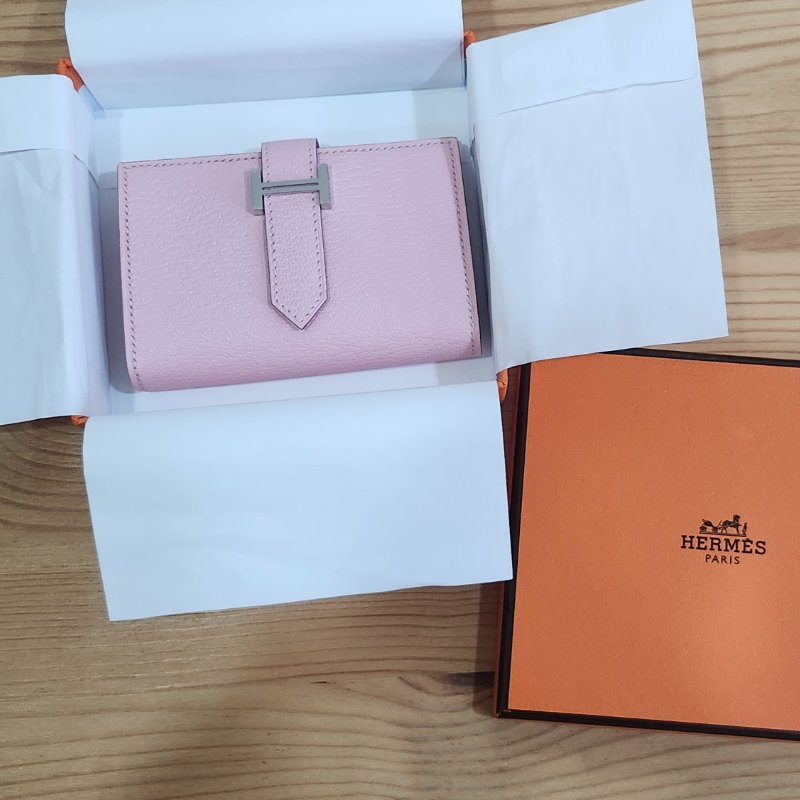 【全新全套】Hermes Bearn Mini 山羊皮 3Q 櫻花粉 銀扣 錢包短夾-26