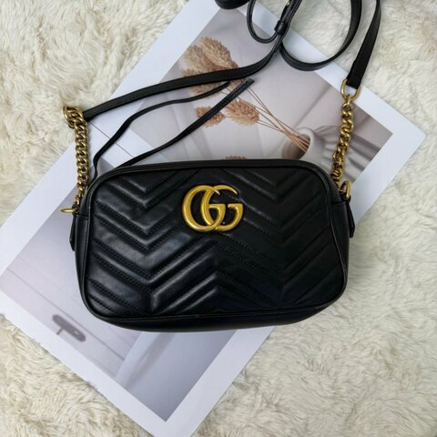 GUCCI 馬蒙 Marmont 相機包 黑色 波浪紋 牛皮 小號 24
