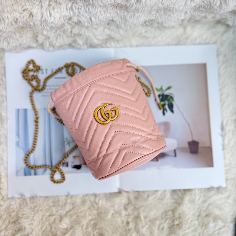 GUCCI 馬蒙 Marmont 圓筒 粉色 波浪紋 牛皮 mini 17 金色雙G 水桶包-0
