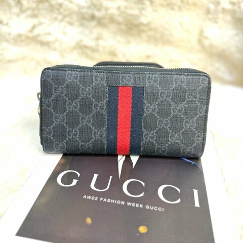 Gucci GG Supreme 黑色 老花 帆布 中號 織帶細節拉鏈長款