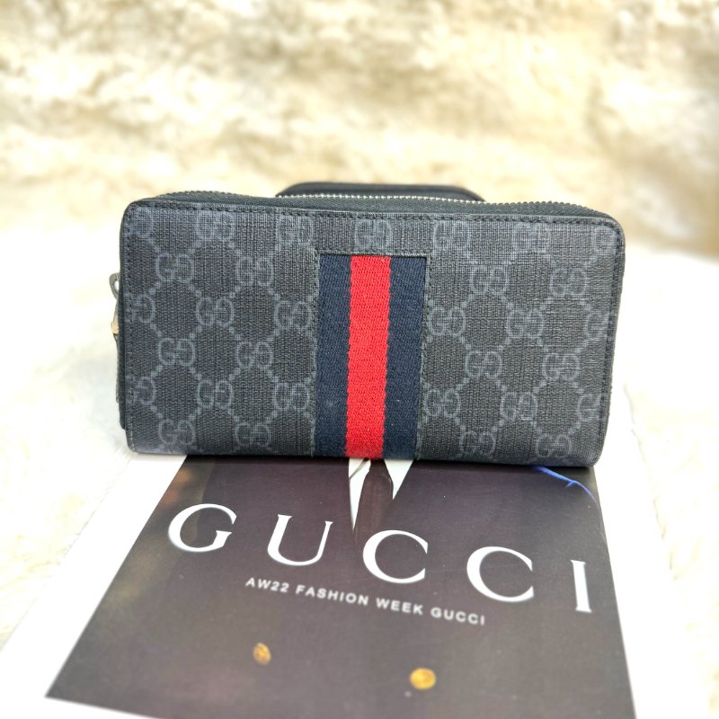 Gucci GG Supreme 黑色 老花 帆布 中號 織帶細節拉鏈長款-0