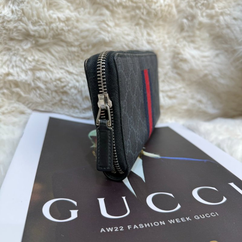 Gucci GG Supreme 黑色 老花 帆布 中號 織帶細節拉鏈長款-2