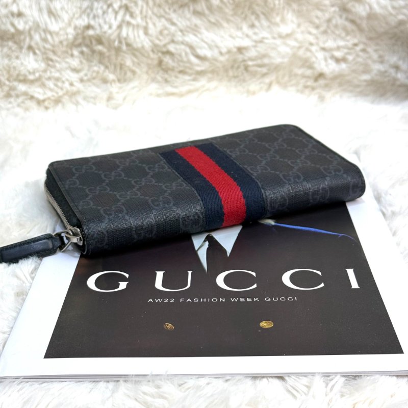 Gucci GG Supreme 黑色 老花 帆布 中號 織帶細節拉鏈長款-3