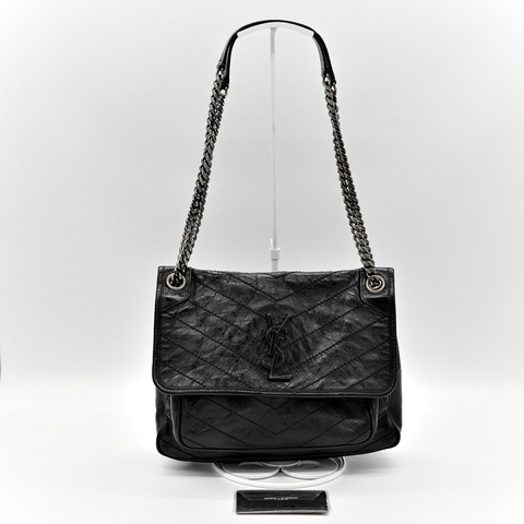 Saint Laurent YSL 聖羅蘭 黑色 BLACK NIKI 復古褶皺鏈條單肩包 翻蓋包